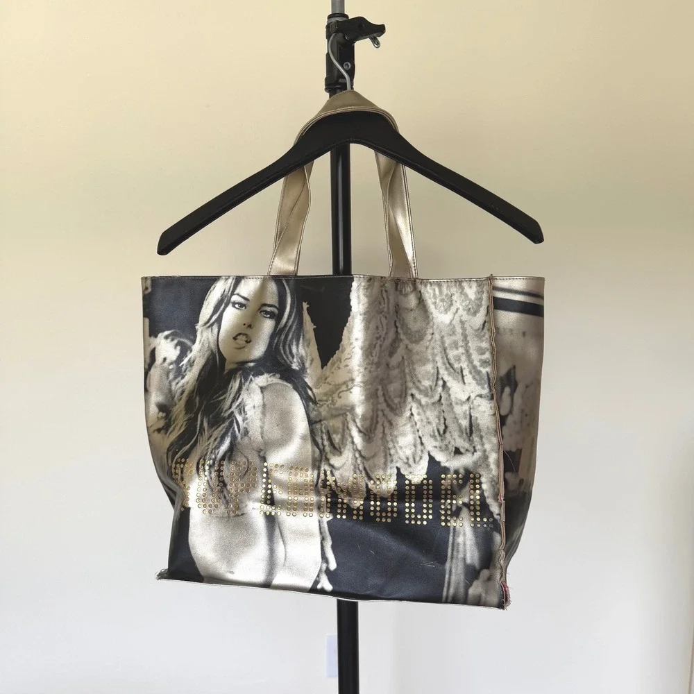 Y2K Victorias Secret Supermodel Tote Bag Gold Black Angel Wing Studded Large
